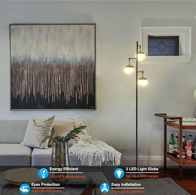 Modern 3 Globe Black Floor Lamps with Acrylic Crystal Sphere Shade and 3000K LED Bulbs Included, Mid Century Standing Lamp, Farmhouse Vintage Tall Lamp for Living Room Bedroom Office - LeafyLoom