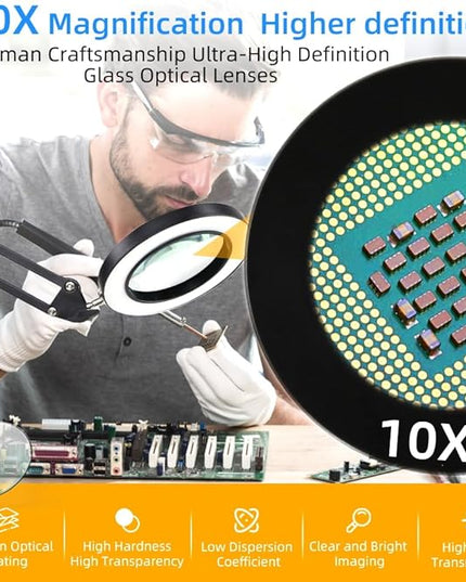 CANMEIJIA 10X Magnifying Glass with Light and Stand,5 Color Modes Stepless Dimmable Clamp on Desk Lamp,2-in-1 Hands-Free Magnifier Lamp for Craft,Painting,Soldering,Hobby,Sewing,Close Work,Reading - LeafyLoom
