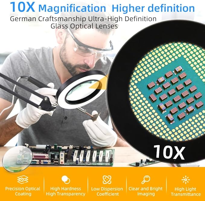 CANMEIJIA 10X Magnifying Glass with Light and Stand,5 Color Modes Stepless Dimmable Clamp on Desk Lamp,2-in-1 Hands-Free Magnifier Lamp for Craft,Painting,Soldering,Hobby,Sewing,Close Work,Reading - LeafyLoom