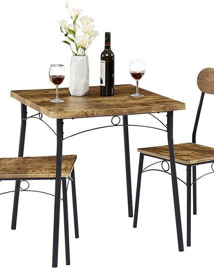 VECELO Dining Table Set for 2 Metal and Wood Square Kitchen Breakfast Nook, 3 Piece Dinette with Chairs, 27.5", Brown - LeafyLoom