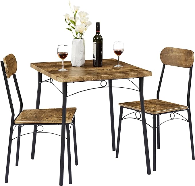 VECELO Dining Table Set for 2 Metal and Wood Square Kitchen Breakfast Nook, 3 Piece Dinette with Chairs, 27.5", Brown - LeafyLoom