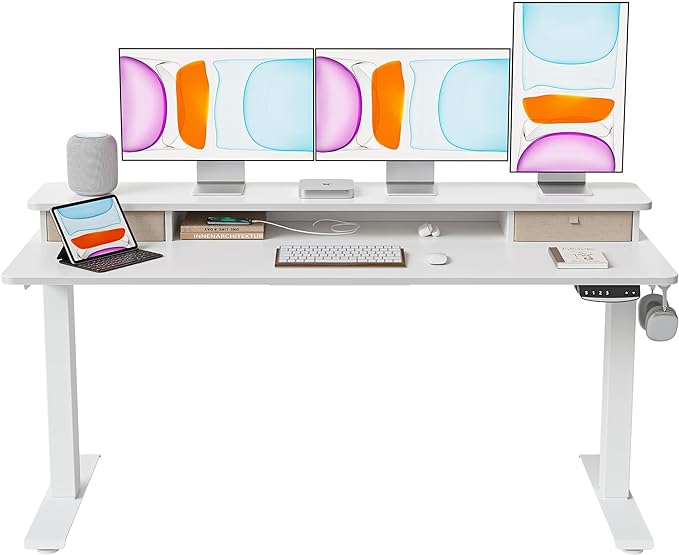 BANTI 60x24 Inch Electric Standing Desk with Double Drawers, Adjustable Height Stand Up Desk, Sit Stand Home Office Desk with Storage Shelf, White Top - LeafyLoom
