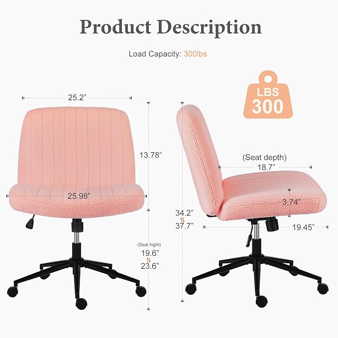 Sweetcrispy Criss Cross Chair Legged, Armless Office Desk Chair with Wheels, Swivel Vanity Chair, Height Adjustable Wide Seat Computer Task Chair, Fabric Vanity Modern Home Chair Pink - LeafyLoom