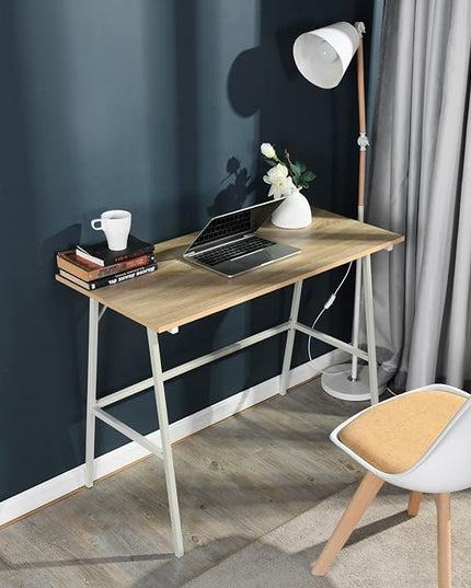 FurnitureR Home Office Computer Desk, Compact Writing Desk Study Desk with Metal Frame for Apartment, Dorm, Bedroom, Small Space (39.4 Inch, Brown) - LeafyLoom