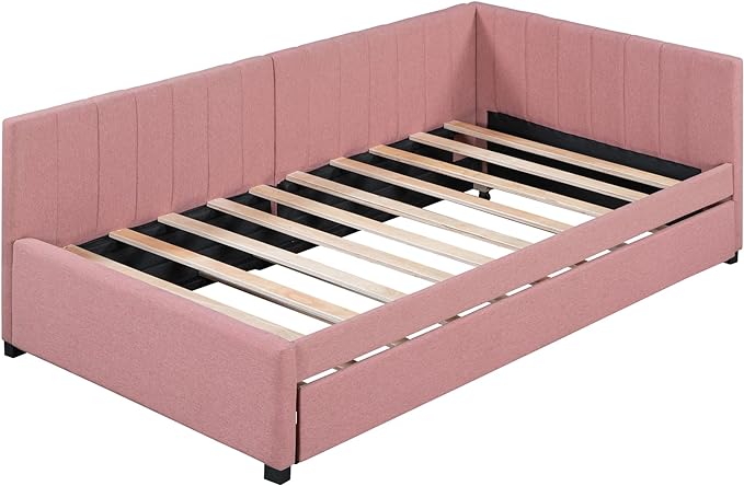 Merax Twin Size Daybed with Trundle, Linen Upholstered Sofa Bed, Solid Wood Slats Support, No Box Spring Needed, Wooden Day Bed Frame for Living Room, Apartment, Small Spaces, Pink - LeafyLoom