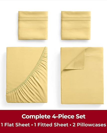Mellanni Twin Sheets Set - 4 Piece Iconic Collection Bedding Sheets & Pillowcases - Luxury, Ultra Soft, Cooling Bed Sheets - Deep Pocket up to 16 inch - 4 PC (Twin, Yellow w/Extra Pillow Case) - LeafyLoom