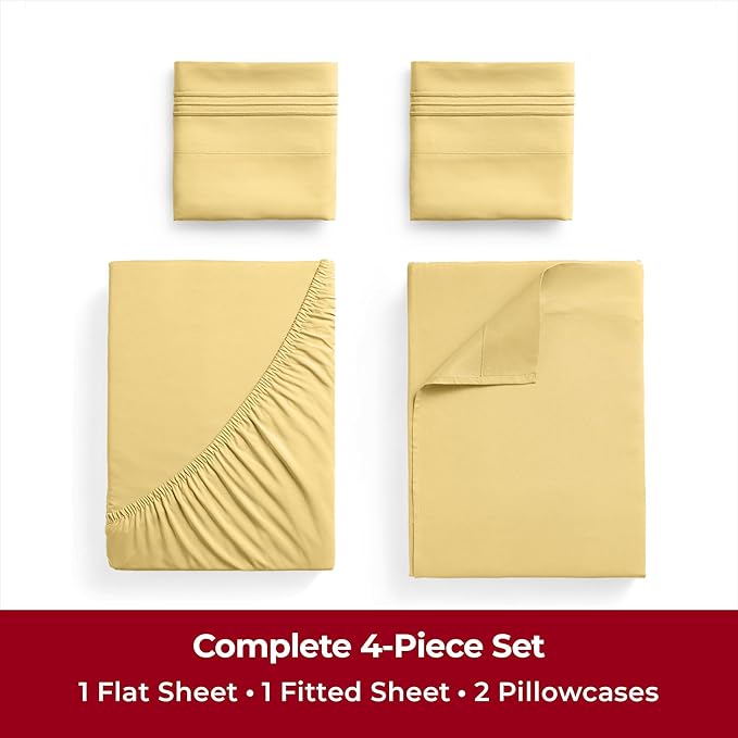Mellanni Twin Sheets Set - 4 Piece Iconic Collection Bedding Sheets & Pillowcases - Luxury, Ultra Soft, Cooling Bed Sheets - Deep Pocket up to 16 inch - 4 PC (Twin, Yellow w/Extra Pillow Case) - LeafyLoom