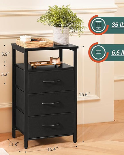 Yoobure Night Stand with Charging Station, 16 Colors LED Nightstand with USB Ports and Outlets, End Table with 3 Fabric Drawers and Storage Shelf, Bedside Tables Small Dresser for Small Space Black - LeafyLoom