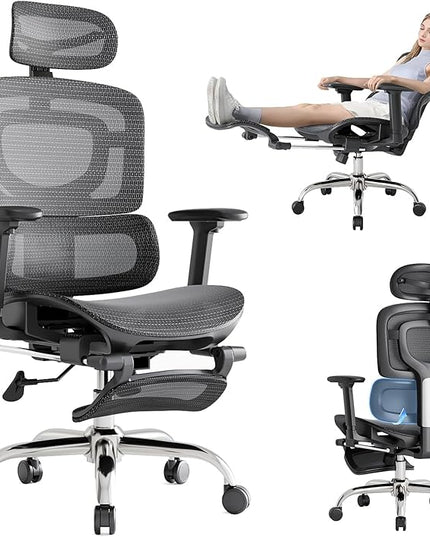 Ergonomic Office Chair, Adaptive Lumbar Support, SGS Class 4 Gas Clylinder 400 LBS Capacity，3D Headrest & Armrest and Retractable Footrest, Mesh Breathable Desk Computer Gaming Chair - LeafyLoom