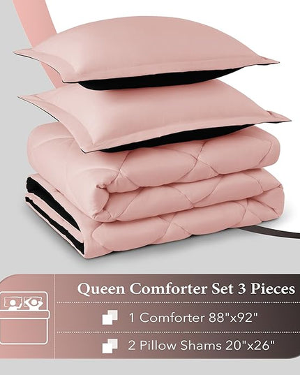 downluxe Queen Comforter Set - Pink and Black Queen Comforter, Soft Bedding Sets for All Seasons -3 Pieces - 1 Comforter (88"x92") and 2 Pillow Shams(20"x26") - LeafyLoom