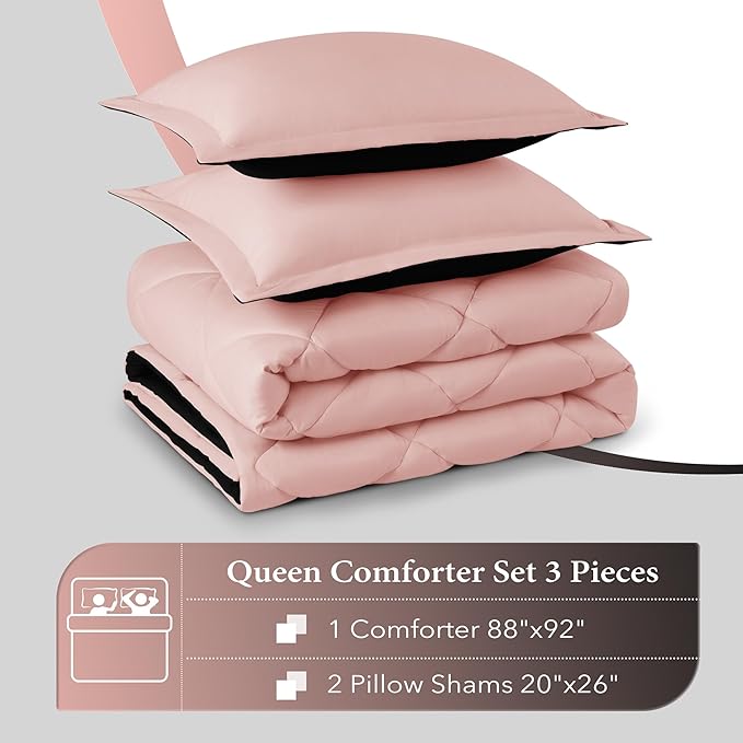 downluxe Queen Comforter Set - Pink and Black Queen Comforter, Soft Bedding Sets for All Seasons -3 Pieces - 1 Comforter (88"x92") and 2 Pillow Shams(20"x26") - LeafyLoom
