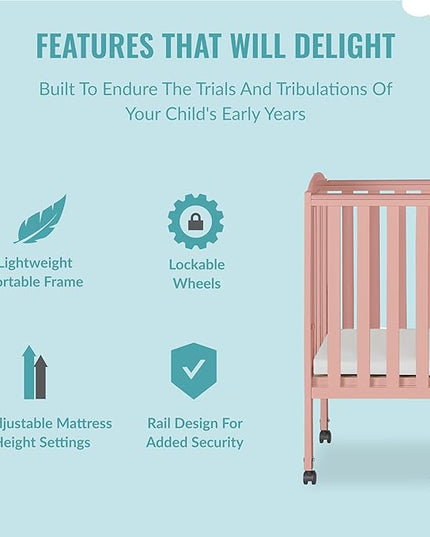 2-in-1 Portable Folding Stationary Side Crib in Dusty Pink, Greenguard Gold Certified, Two Adjustable Mattress Height Positions,Made of Solid Pinewood, Flat Folding Crib - LeafyLoom