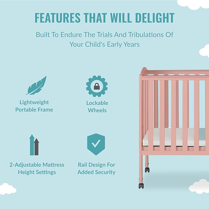 2-in-1 Portable Folding Stationary Side Crib in Dusty Pink, Greenguard Gold Certified, Two Adjustable Mattress Height Positions,Made of Solid Pinewood, Flat Folding Crib - LeafyLoom