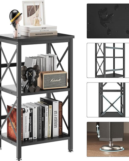 YMYNY 3 Tiers Bookcase, Industrial Metal Bookshelf with Side Fence, Storage Organizer for Living Room, Home Office, Bedroom, Display Racks, Sofa Side Table, 29.5 * 15.75 * 11.4", Black UHST008B - LeafyLoom