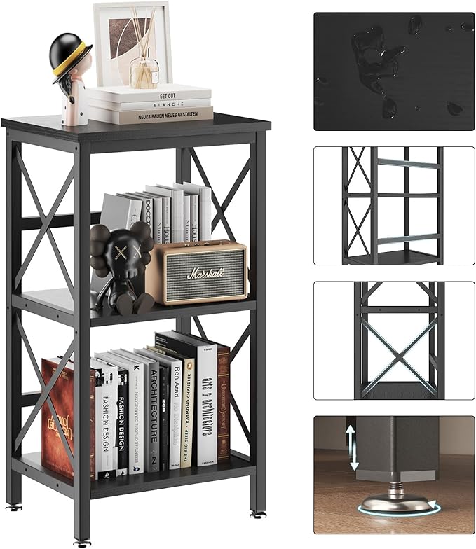 YMYNY 3 Tiers Bookcase, Industrial Metal Bookshelf with Side Fence, Storage Organizer for Living Room, Home Office, Bedroom, Display Racks, Sofa Side Table, 29.5 * 15.75 * 11.4", Black UHST008B - LeafyLoom
