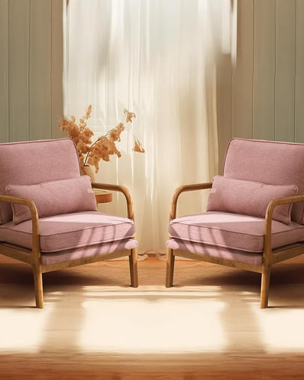 Bonnlo Pink Accent Chairs Set of 2, Upholstered Mid Century Modern Lounge Chairs Reading Chairs Side Sitting Chair Solid Wood Farmhouse Armchairs for Living Room, Bedroom, Guest Room - LeafyLoom