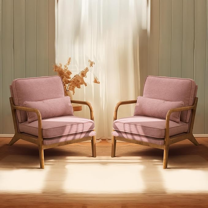 Bonnlo Pink Accent Chairs Set of 2, Upholstered Mid Century Modern Lounge Chairs Reading Chairs Side Sitting Chair Solid Wood Farmhouse Armchairs for Living Room, Bedroom, Guest Room - LeafyLoom