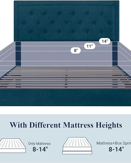 Allewie Full Size Bed Frame Upholstered Platform Bed with Adjustable Headboard, Button Tufted, Wood Slat Support, Easy Assembly, Blue - LeafyLoom