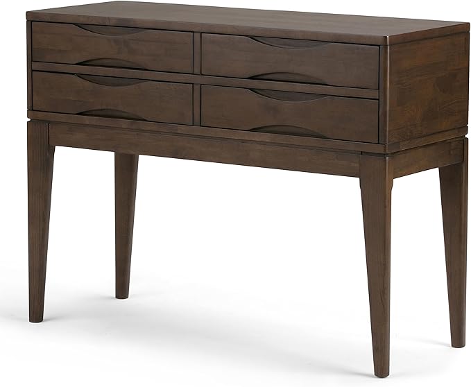 SIMPLIHOME Harper SOLID WOOD 40 inch Wide Mid Century Modern Hallway Console Sofa Entryway Table in Walnut Brown with Storage, 4 Drawers , for the Living Room, Entryway and Bedroom - LeafyLoom