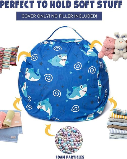 Stuffed Animal Storage Bean Bag Chair Cover, Hold Kids Plush Toys Blankets Towels Beanbag (Cover Only), Canvas Floor Circle Stuff Sit Seat Sofa with YKK Zipper, Large 32", Blue Shark - LeafyLoom