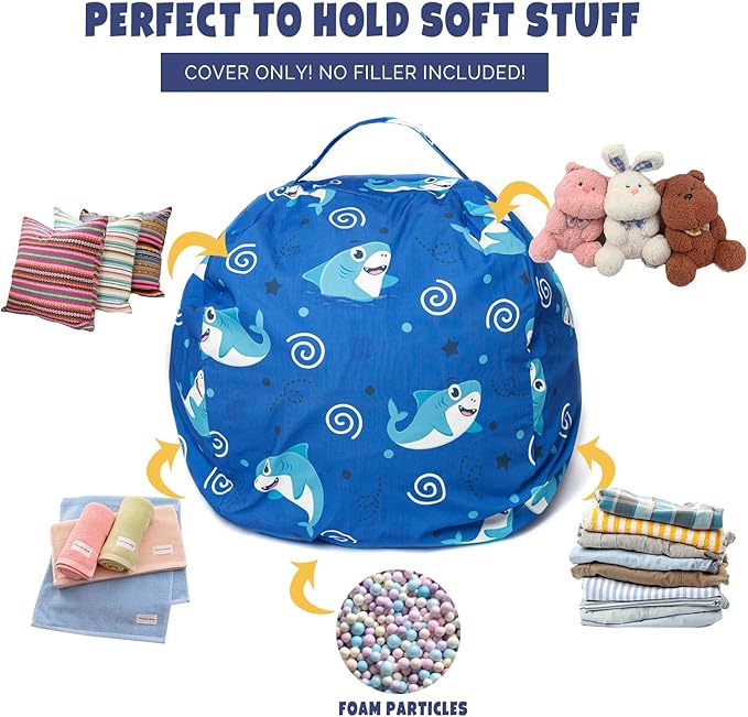 Stuffed Animal Storage Bean Bag Chair Cover, Hold Kids Plush Toys Blankets Towels Beanbag (Cover Only), Canvas Floor Circle Stuff Sit Seat Sofa with YKK Zipper, Extra Large 38", Blue Shark - LeafyLoom