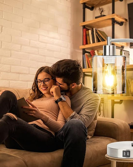 Industrial Touch Control Table Lamps Set of 2 - Brushed Nickel Nightstand Bedside Lamps with 2 USB Ports & AC Outlet, 3-Way Dimmable Desk Lamp for Bedroom Living Room, Glass Shade & LED Bulbs Included - LeafyLoom