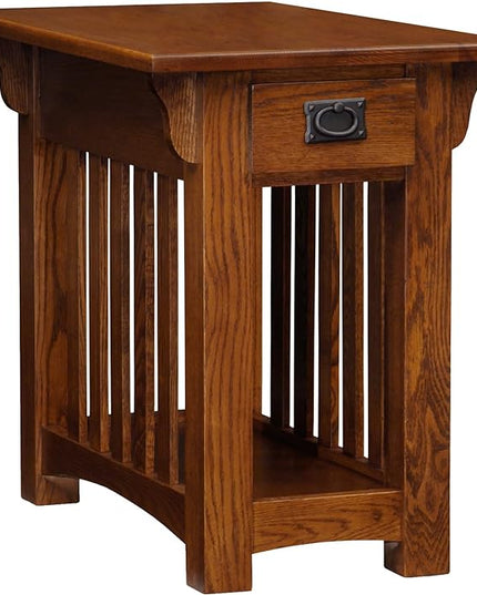 Leick Home 82262 Mission Mantel Height Bookcase with Slatted Sides and Top Drawer, Made with Wood & 8206 Mission Impeccable One Drawer Side Table with Shelf, Furniture, Medium Oak, Russet - LeafyLoom