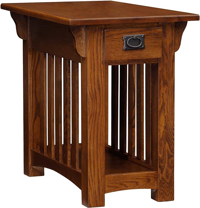Leick Home 82262 Mission Mantel Height Bookcase with Slatted Sides and Top Drawer, Made with Wood & 8206 Mission Impeccable One Drawer Side Table with Shelf, Furniture, Medium Oak, Russet - LeafyLoom