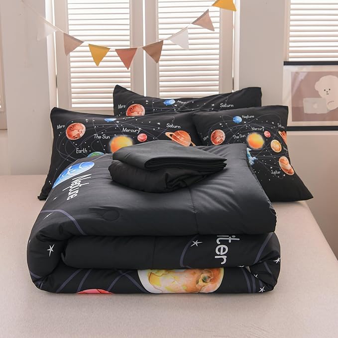 6 Pcs Outer Space Bedding Set Twin Solar System Comforter Set Universe Planets Theme Comforter for Boys Kids Ultra-Soft (1 Comforter, 2 Pillowcases, 1 Flat Sheet, 1 Fitted Sheet,1 Pillowcover) - LeafyLoom