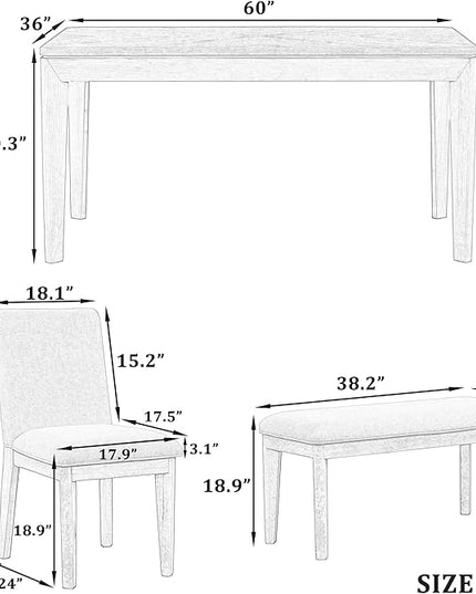 6-Piece Wood Rectangular Dining Table Set with 4 Full Back Padded Chairs & Bench, Tapered Legs, for Kitchen Living Room, Farmhouse Style, Dark Gray, 60" L x 36" W x 30.3" H - LeafyLoom