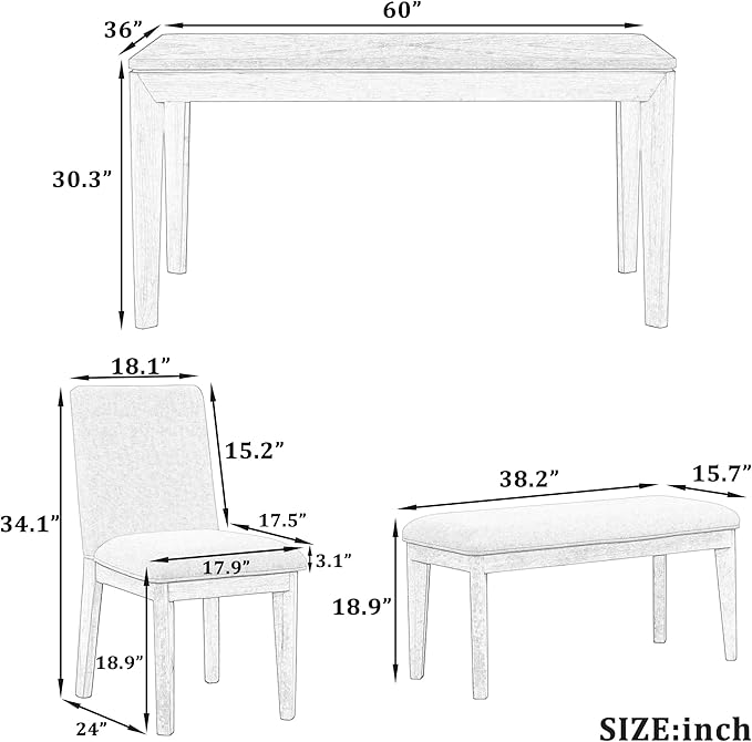 6-Piece Wood Rectangular Dining Table Set with 4 Full Back Padded Chairs & Bench, Tapered Legs, for Kitchen Living Room, Farmhouse Style, Dark Gray, 60" L x 36" W x 30.3" H - LeafyLoom