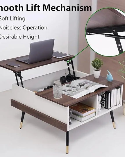 TOPSKY Lift Top Coffee Table, Square Coffee Table with Storage Shelves (Light Walnut) - LeafyLoom