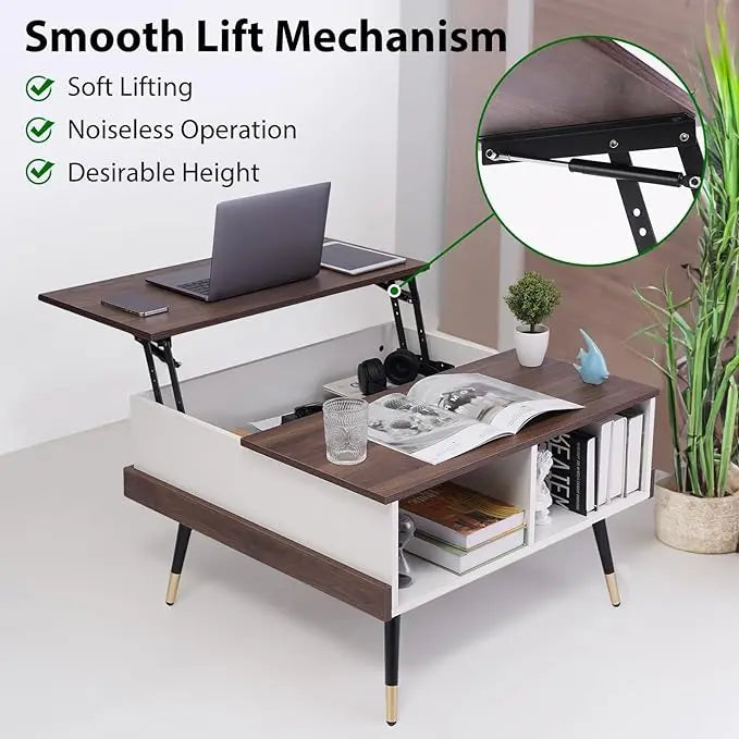 TOPSKY Lift Top Coffee Table, Square Coffee Table with Storage Shelves (Light Walnut) - LeafyLoom