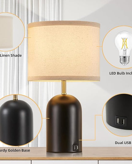 Touch Control Table Lamps Set of 2, Modern Bedside Lamp with 2 USB Ports, 3-Way Dimmable Gold and Black Nightstand Lamp with Fabric Shade for Living Room Bedroom Office Dorm(LED Bulbs Included) - LeafyLoom