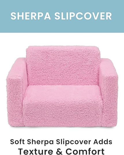 Delta Children Cozee Flip-Out Sherpa 2-in-1 Convertible Chair to Lounger for Kids, Pink - LeafyLoom