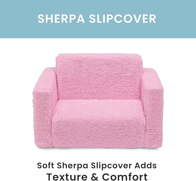 Delta Children Cozee Flip-Out Sherpa 2-in-1 Convertible Chair to Lounger for Kids, Pink - LeafyLoom