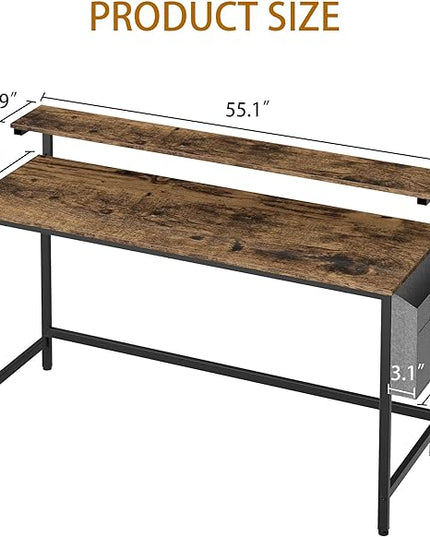 Shintenchi 55 inch Computer Desk with Monitor Stand, Stable Design Writing Desk, Study Workstation Home Office Table with Storage Bag & Hook, Vintage Brown - LeafyLoom