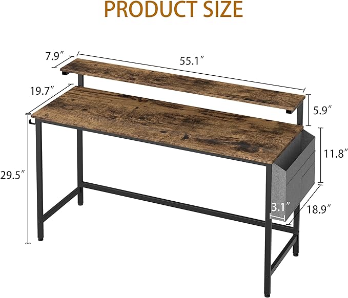 Shintenchi 55 inch Computer Desk with Monitor Stand, Stable Design Writing Desk, Study Workstation Home Office Table with Storage Bag & Hook, Vintage Brown - LeafyLoom