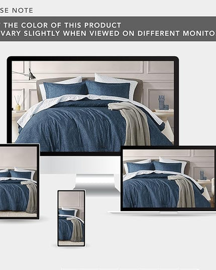Blue Queen Comforter Set - Navy Soft Luxury Chambray Printed, All Season Lightweight Breathable Bedding Set, 3 Pieces Including 1 Comforter and 2 Pillow Shams - LeafyLoom