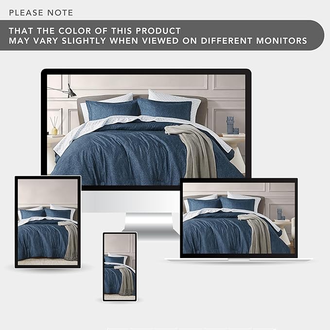 Blue Queen Comforter Set - Navy Soft Luxury Chambray Printed, All Season Lightweight Breathable Bedding Set, 3 Pieces Including 1 Comforter and 2 Pillow Shams - LeafyLoom