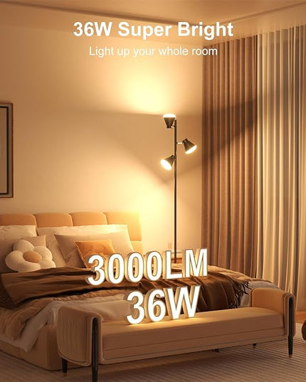 36W Integrated LED Tree Floor Lamp, Rotatable Modern 3 Light Standing Lamp with Foot Switch, Bright Reading Tall Lamp with 3 Color Temperatures, Black Stand up Lamp for Living Room, Bedroom, Office - LeafyLoom