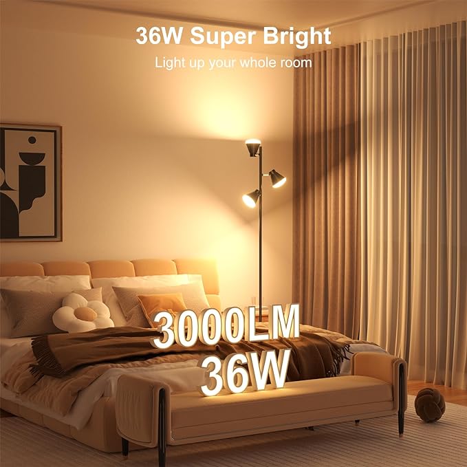 36W Integrated LED Tree Floor Lamp, Rotatable Modern 3 Light Standing Lamp with Foot Switch, Bright Reading Tall Lamp with 3 Color Temperatures, Black Stand up Lamp for Living Room, Bedroom, Office - LeafyLoom