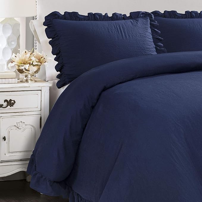 Lush Decor Reyna Ruffle Comforter Set - 3 Piece Cozy Ruffled Bedding Set - Timeless Elegance and Comfort for Dorm Room - Full/ Queen, Navy - LeafyLoom