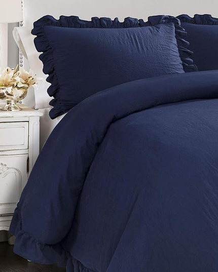 Lush Decor Reyna Ruffle Comforter Set - 3 Piece Cozy Ruffled Bedding Set - Timeless Elegance and Comfort for Bedroom - King, Navy - LeafyLoom