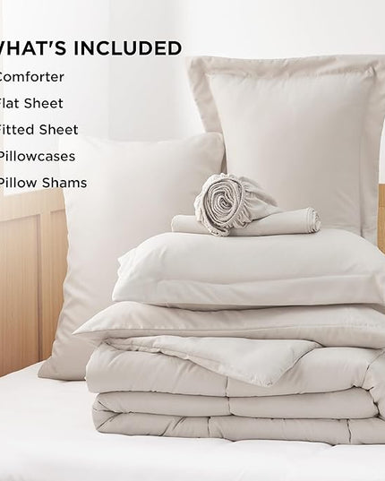 Bedsure Beige Full Size Comforter Set - 7 Pieces Solid Full Bed in a Bag, Full Bed Set Beige with Quilted Warm Fluffy Comforters, Sheets, Pillowcases & Shams - LeafyLoom
