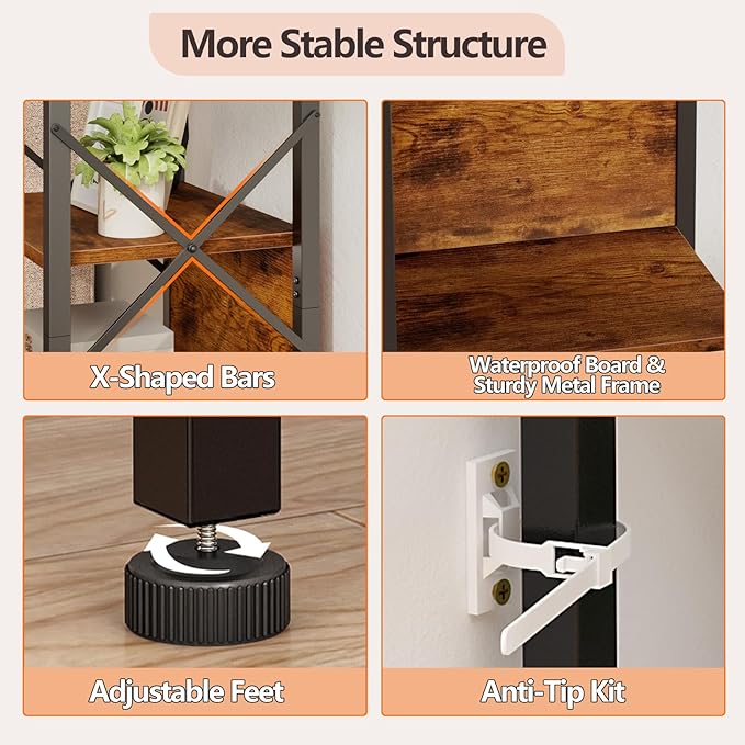 Furologee 5 Tier Bookshelf with Back, Tall Narrow Bookcase, Rustic Standing Shelf Units, Metal and Wood Display Storage Rack Organizer for Bedroom, Living Room, Home Office, Entryway - LeafyLoom
