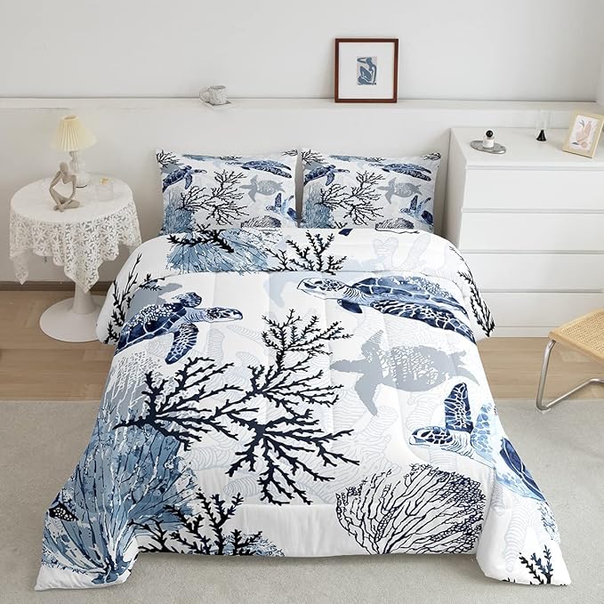 Turtle Comforter Set Queen,White Blue Hawaiian Turtle Bedding for Kids,Reptile Tortoise Quilt Duvet Set Coastal Beach Theme Comforter Retro Sea Turtle Bed Set for Boys Girls Bedroom Decor(Marine life) - LeafyLoom