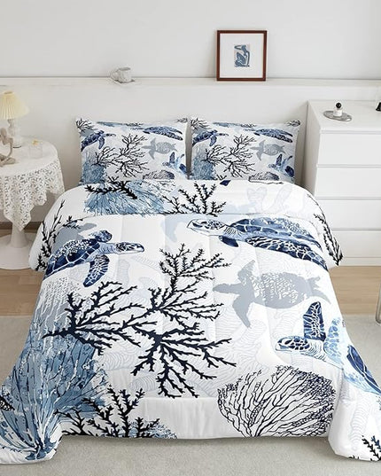 Turtle Comforter Set Full,White Blue Hawaiian Turtle Bedding for Kids,Reptile Tortoise Quilt Duvet Set Coastal Beach Theme Comforter Retro Sea Turtle Bed Set for Boys Girls Bedroom Decor(Marine life) - LeafyLoom