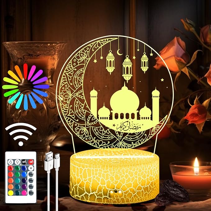 Ramadan Mubarak Decorations, Ramadan LED Night Light with Remote 16 Color Flashing, Eid al-Fitr Mubarak 3D Star Moon Lights for Bedroom Ramadan Gifts for Islamic Holiday Believers Muslims Home Decor - LeafyLoom