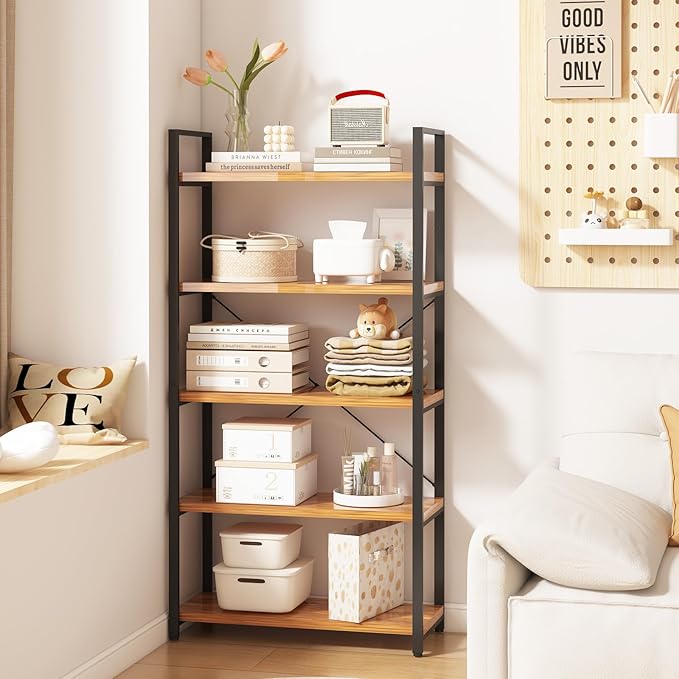 Tall Bookshelf with Large Storage,5 Tier Bookcase in Bedroom,Living Room and Office,Modern Wide Bookcase Shelf for Storing Books/Plants,Brown - LeafyLoom